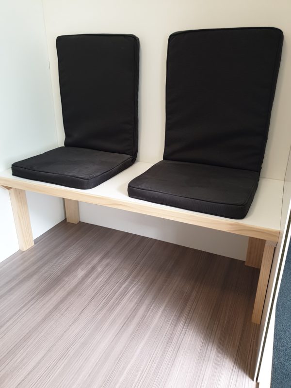 Bench and Charcoal cushions side on in Salt Booth - No Front - Square Bench Legs