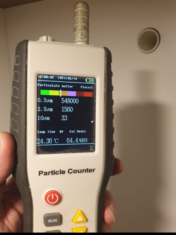 Particle Count Inside Salt Booth. 548,000 Particles Inside Booth After only 5 Minutes running the External Salt Fan Generator System. That is over 500,000 particles of salt aerosol inside the salt booth.