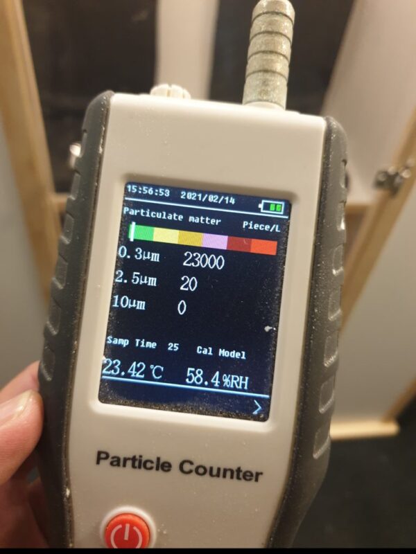 This is a particle tester. Note the number at the 0.3um. Particle Count Outside Salt Booth. was tested as 23,000 particles outside before testing inside room. This provides a comparative number.