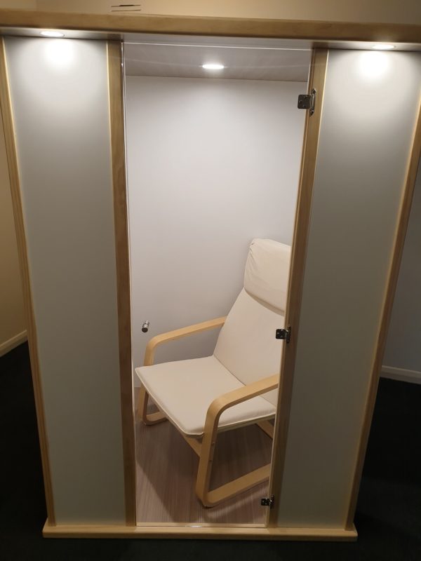 Salt Booth with Salt Tile Feature one side and Clear Window other side with recliner and External Lighting